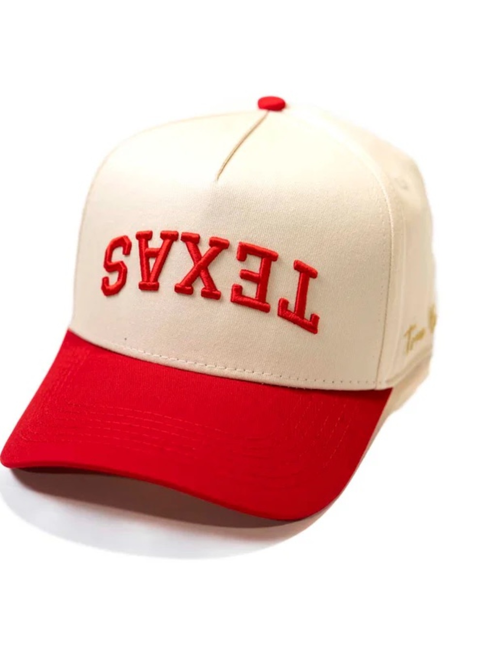 True Brvnd Upside Down TEXAS Trucker Hat in red and white